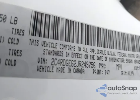 2018 Dodge Grand Caravan Gt из США, поврежденный, VIN 2C4RDGEG2JR249756